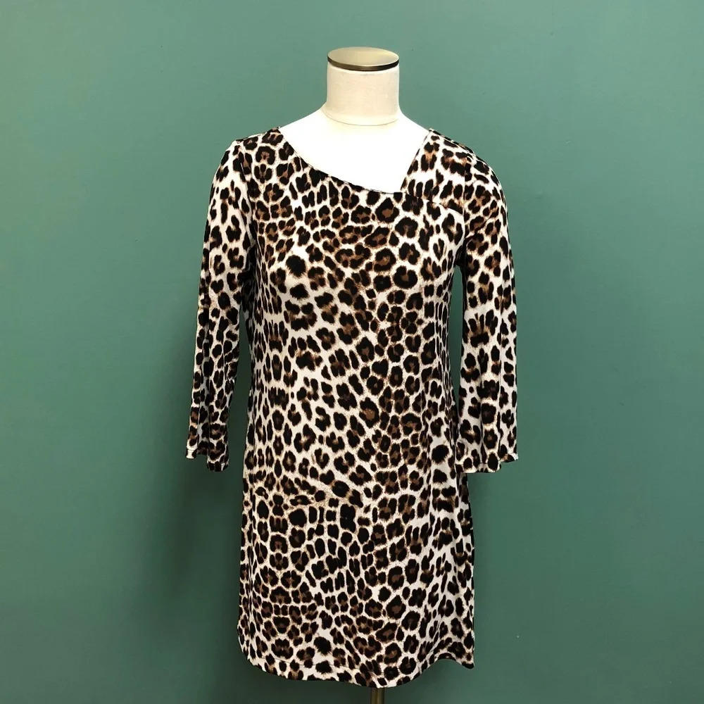 Alfani Black White Brown Leopard Pattern 3/4 length Sleeve‎ Dress  Dress